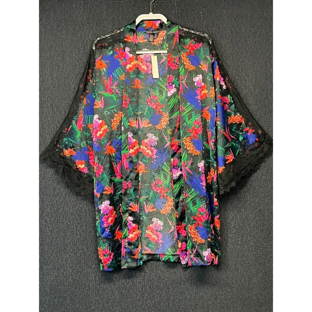 Victoria's Secret Tropical Floral Satin Kimono Robe Lace Trim XS/S New
